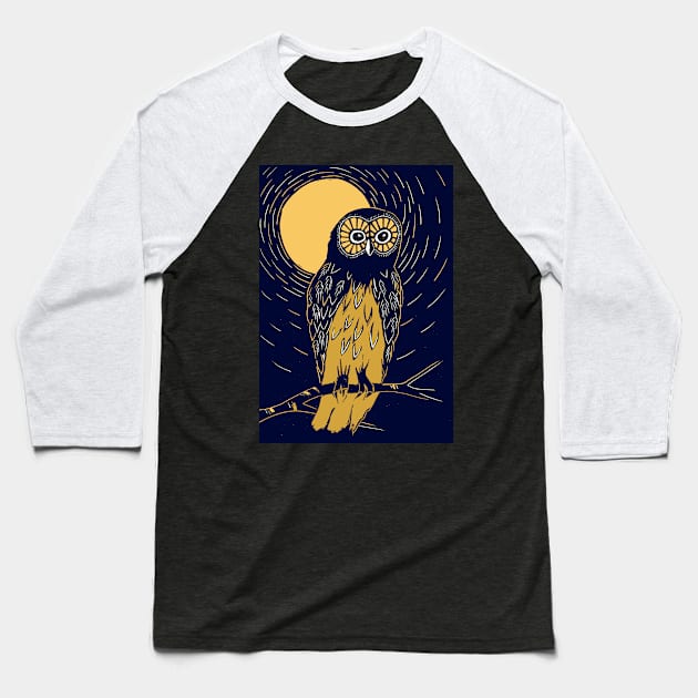 Deep blue and gold linocut of an owl on a moonlit night Baseball T-Shirt by Maddybennettart